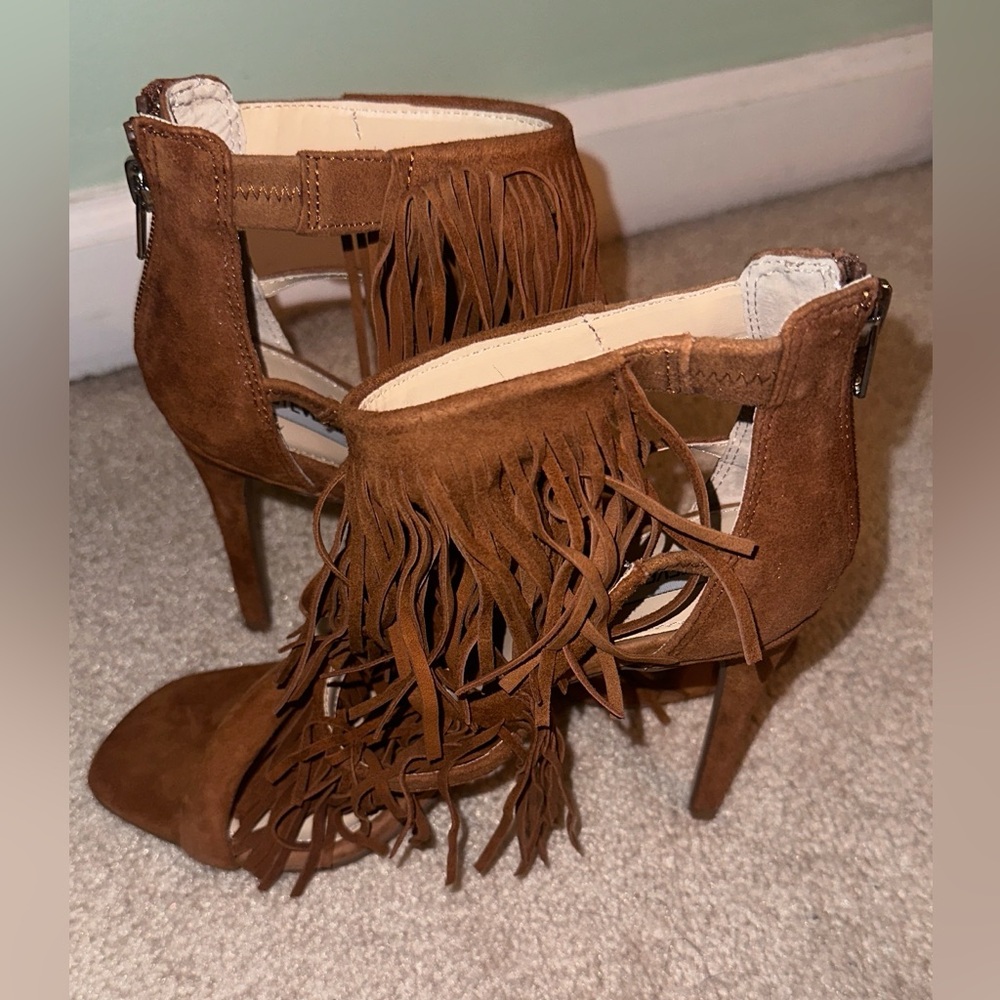 Steve Madden Tan Fringe High Heel Sandals